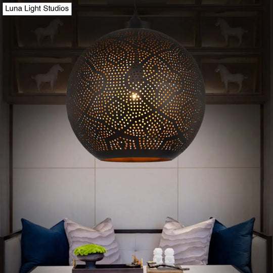 Black Metal Decorative Pendant Ceiling Lamp - Stylish Spherical Design With 1 Bulb