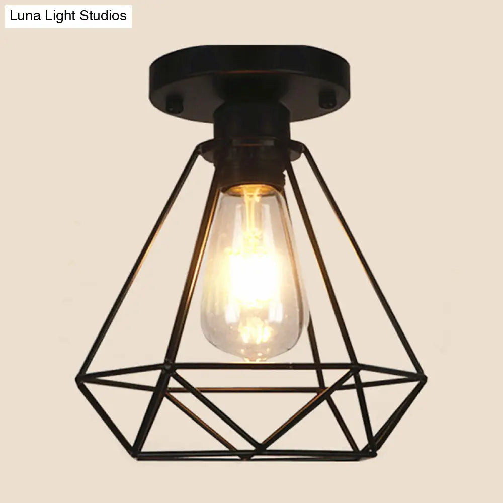 Black Metal Diamond Cage Pendant Light For Coffee Shop & Loft - Semi Flush Mount Chandelier