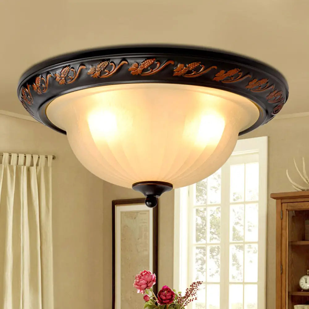 Black Metal Farmhouse Flush Mount Ceiling Lamp With 3 Cream Glass Bowl Shades For Bedroom Lighting