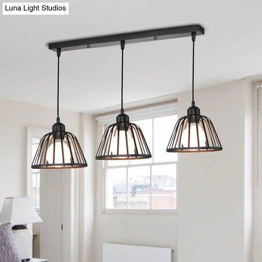 Dome Pendant Light With Metal Frame: 3-Light Kitchen Ceiling Hanging In Black