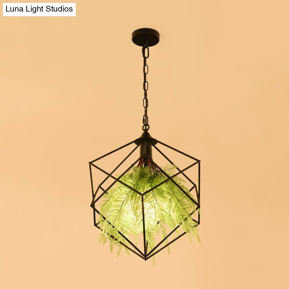 Geometric Plant Hanging Pendant In Black Metal With Led Bulb - 18/21.5 Width Perfect For Restaurants