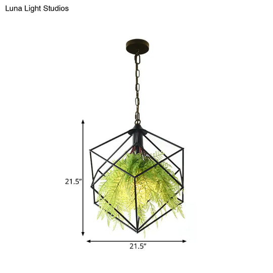 Geometric Plant Hanging Pendant In Black Metal With Led Bulb - 18/21.5 Width Perfect For Restaurants
