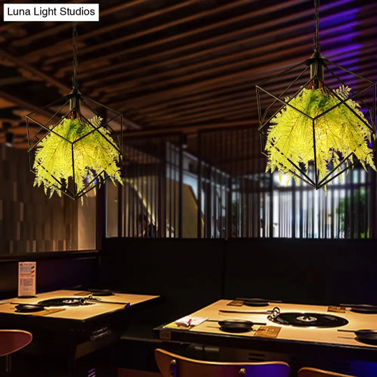 Geometric Plant Hanging Pendant In Black Metal With Led Bulb - 18/21.5 Width Perfect For Restaurants