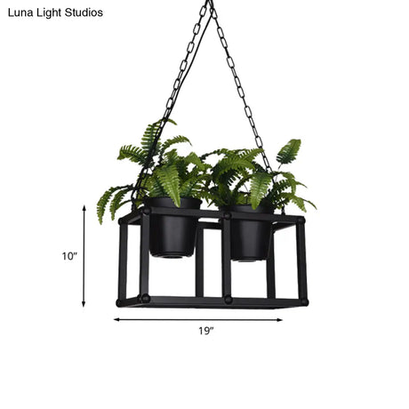 Black Metal Industrial Rectangle Island Light Fixture - 2/3/5 Bulbs Led Lamp With Plant Decor