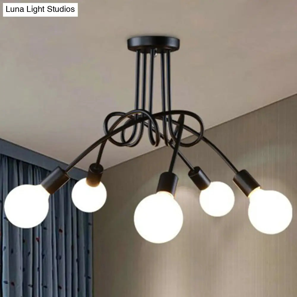 Black Metal Knot Chandelier With Bare Bulb Design - Industrial Living Room Lamp