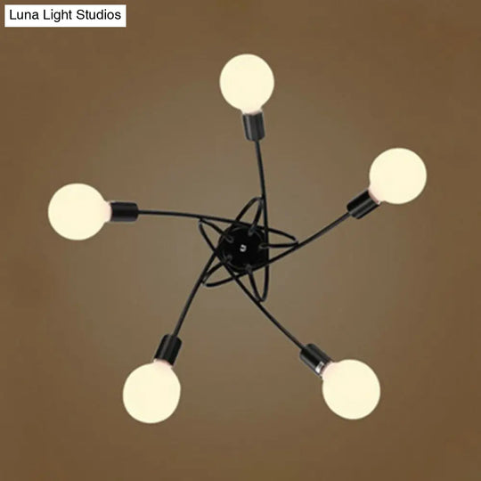 Black Metal Knot Chandelier With Bare Bulb Design - Industrial Living Room Lamp