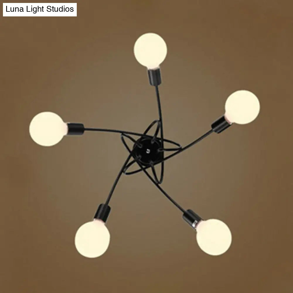 Industrial Metal Knot Chandelier: Black Suspension Lamp With Bare Bulb Design