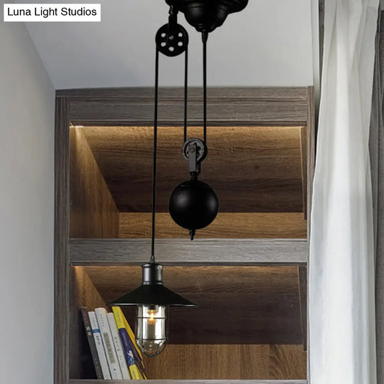 Nautical Style Pulley Pendant Light With Cage Shade - Black Metal Hanging Lamp