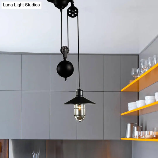 Nautical Style Pulley Pendant Light With Cage Shade - Black Metal Hanging Lamp