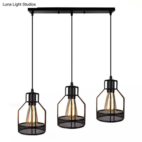 Black Metal Pendant Light - Industrial Retro Bird Cage Hanging Lamp For Restaurants / Linear