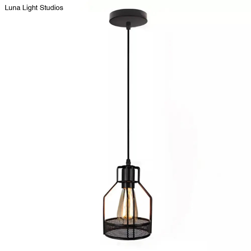 Black Metal Pendant Light - Industrial Retro Bird Cage Hanging Lamp For Restaurants / Round