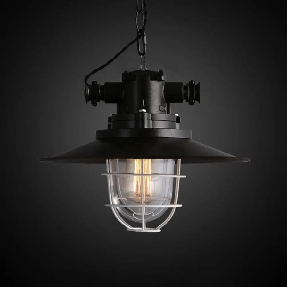 Black Metal Pendant Light With Wire Cage And Glass Shade – 1-Light Hanging Lamp Kit
