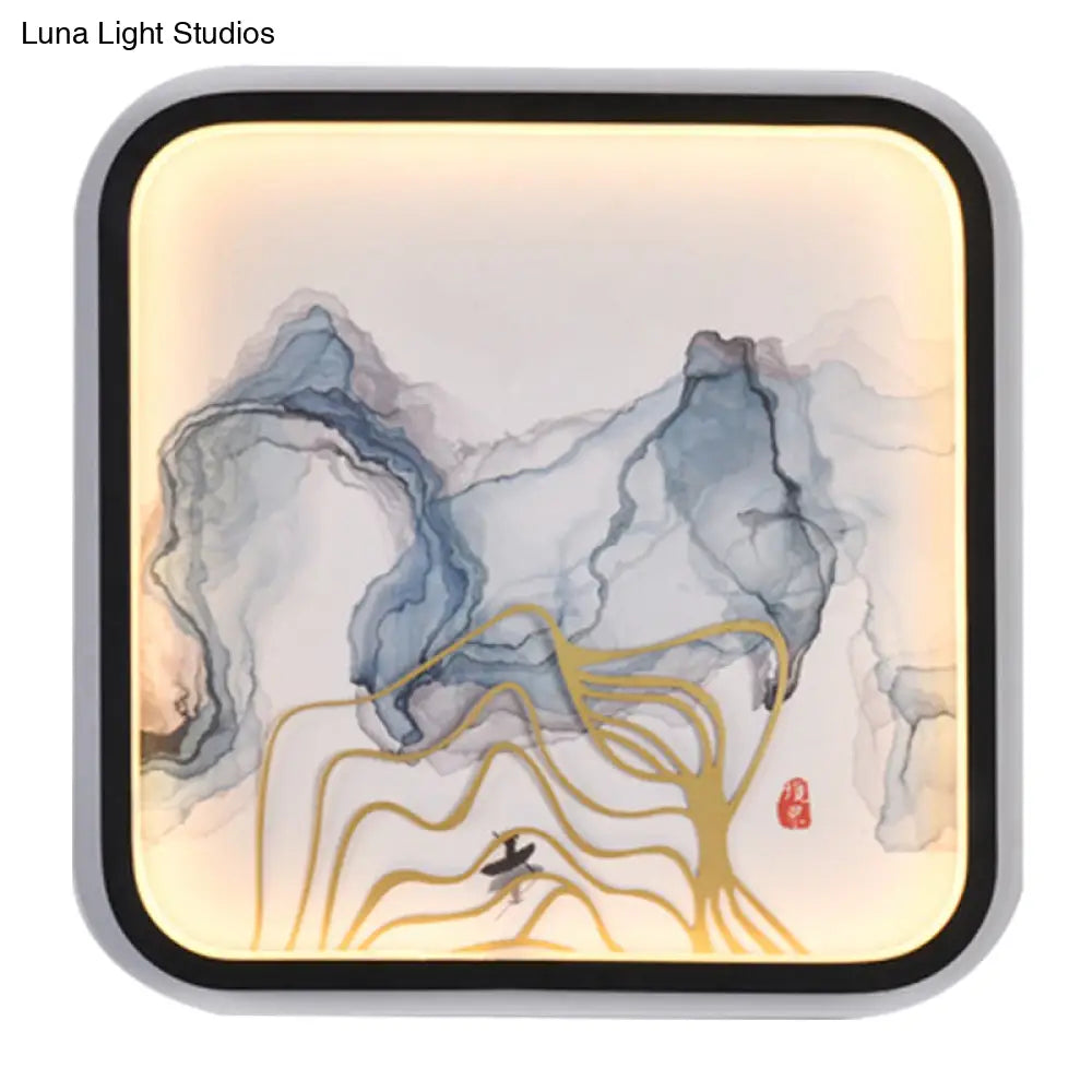 Black Metal Riverside Mountain Mural Chinese Square Led Wall Light - Elegant Flush Mount Design