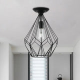 Black Metallic Cage Diamond Ceiling Light Fixture For Corridor - Loft Industrial Style Close To /