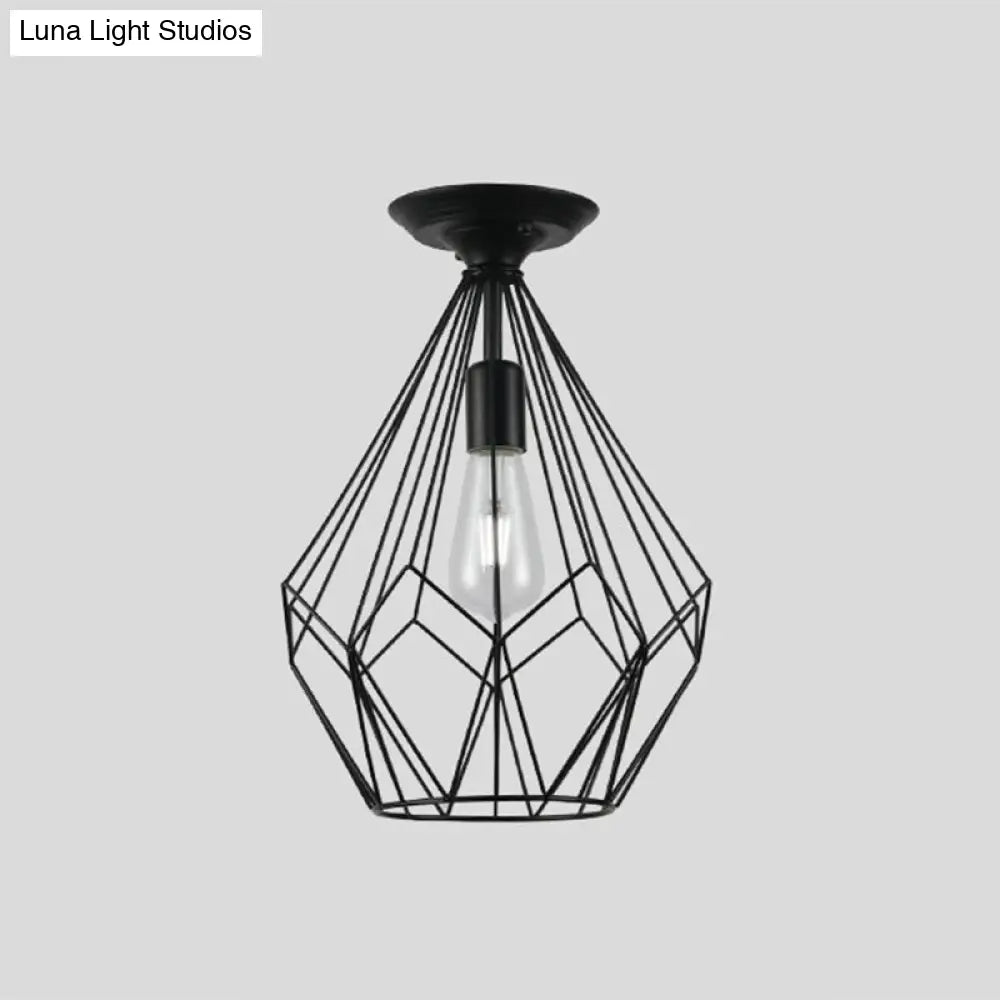 Black Metallic Cage Diamond Ceiling Light Fixture For Corridor - Loft Industrial Style Close To