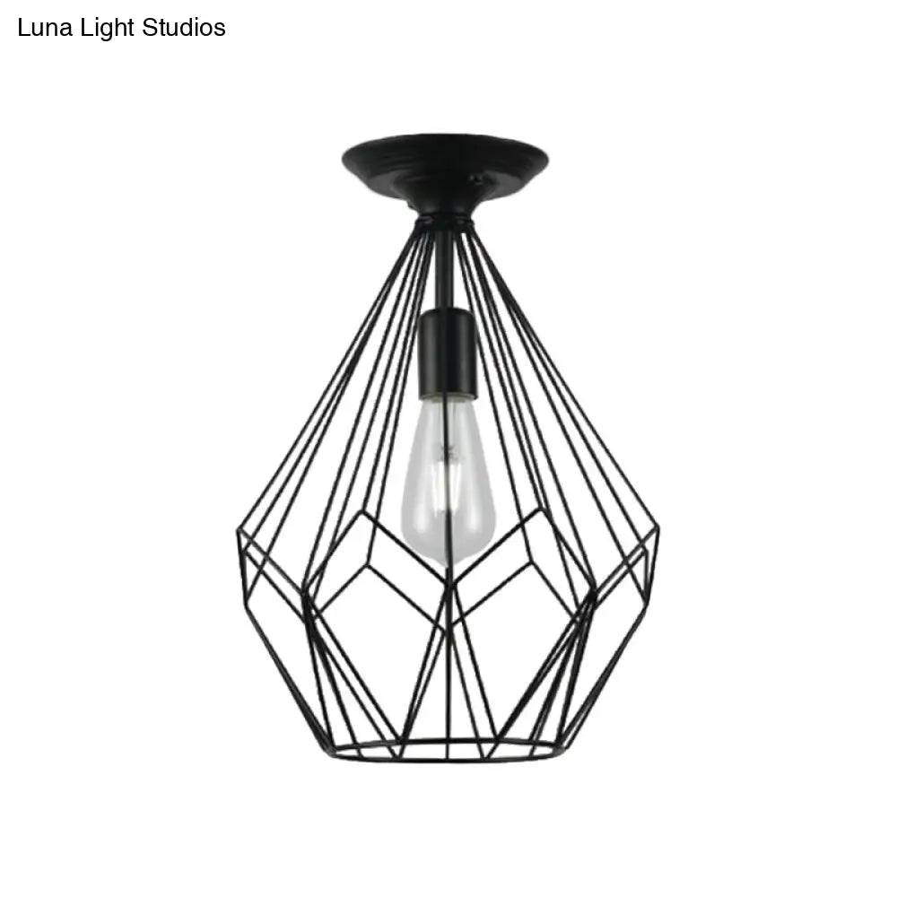 Black Metallic Cage Diamond Ceiling Light Fixture For Corridor - Loft Industrial Style Close To