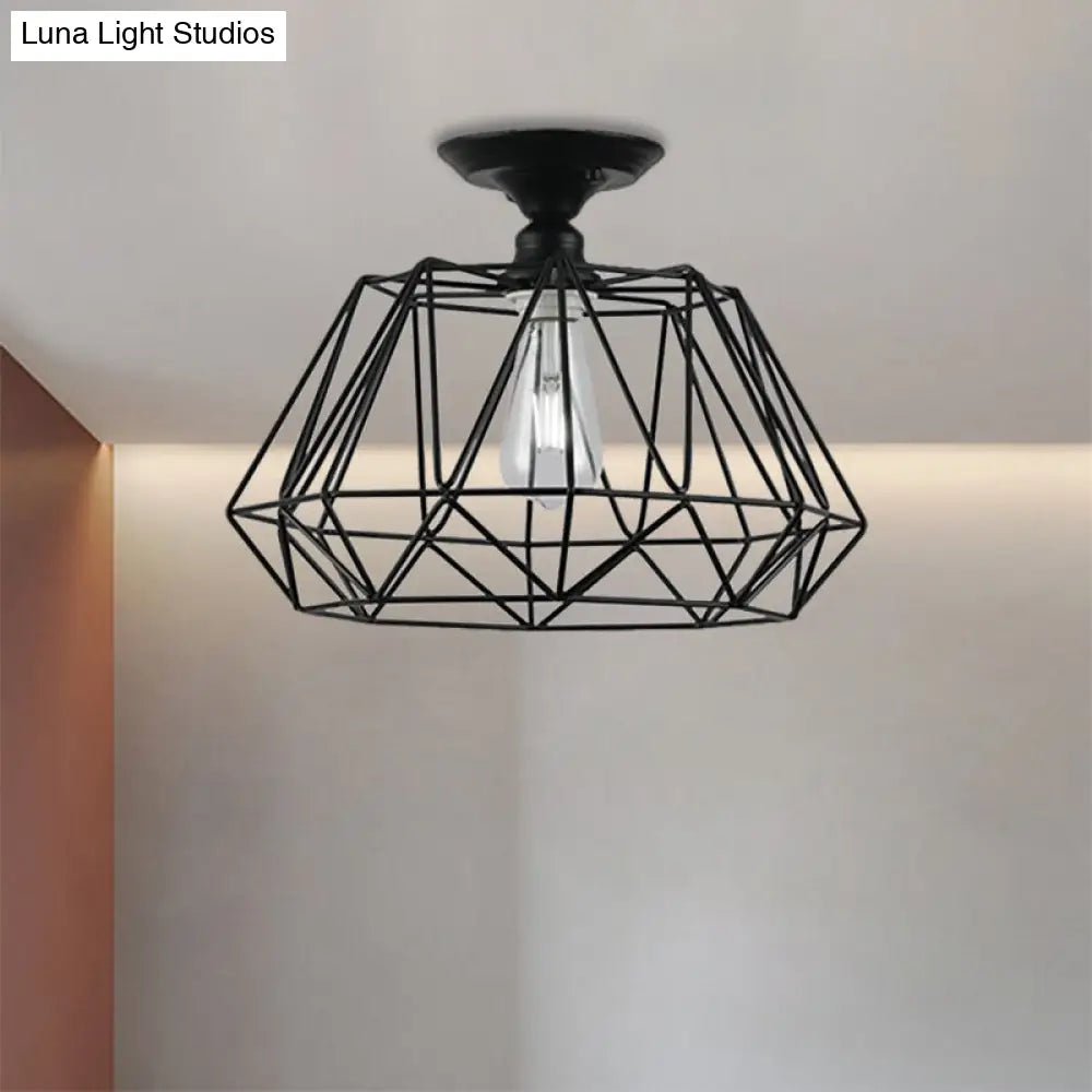 Black Metallic Cage Diamond Ceiling Light Fixture For Corridor - Loft Industrial Style Close To