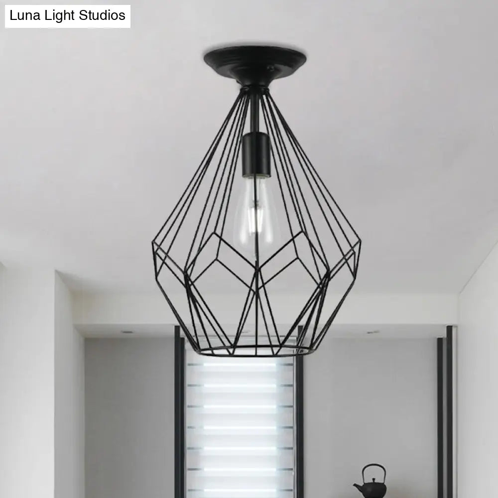 Black Metallic Cage Diamond Ceiling Light Fixture For Corridor - Loft Industrial Style Close To /