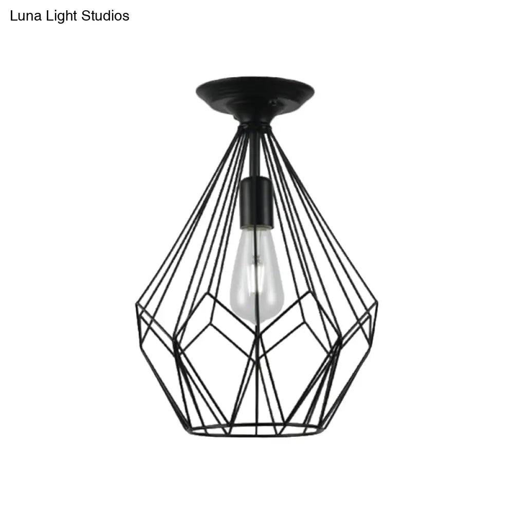 Black Metallic Cage Diamond Ceiling Light Fixture For Corridor - Loft Industrial Style Close To