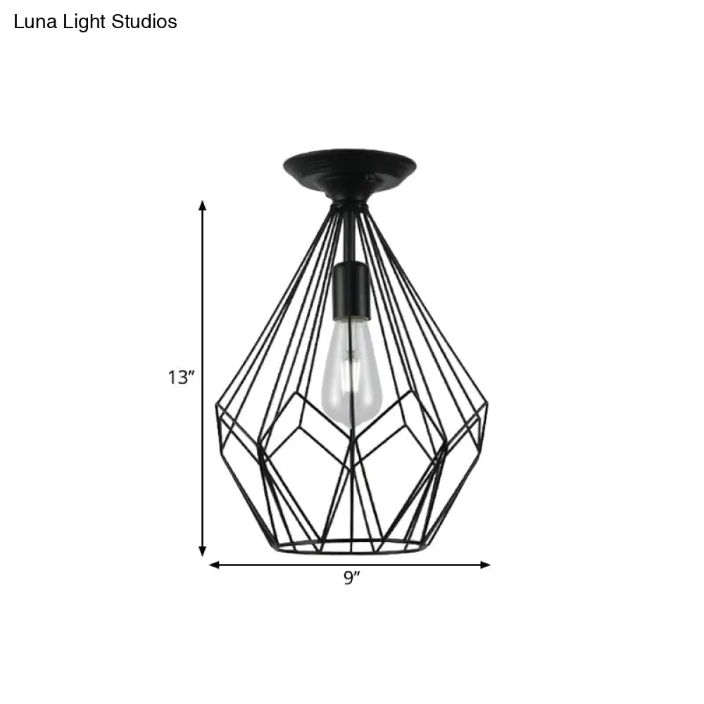 Black Metallic Cage Diamond Ceiling Light Fixture For Corridor - Loft Industrial Style Close To