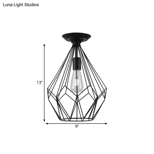 Black Metallic Cage Diamond Ceiling Light Fixture For Corridor - Loft Industrial Style Close To
