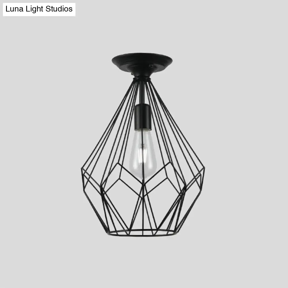 Black Metallic Cage Diamond Ceiling Light Fixture For Corridor - Loft Industrial Style Close To