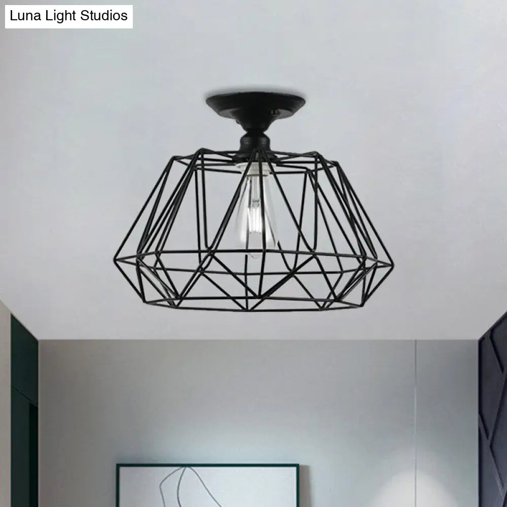 Black Metallic Cage Diamond Ceiling Light Fixture For Corridor - Loft Industrial Style Close To