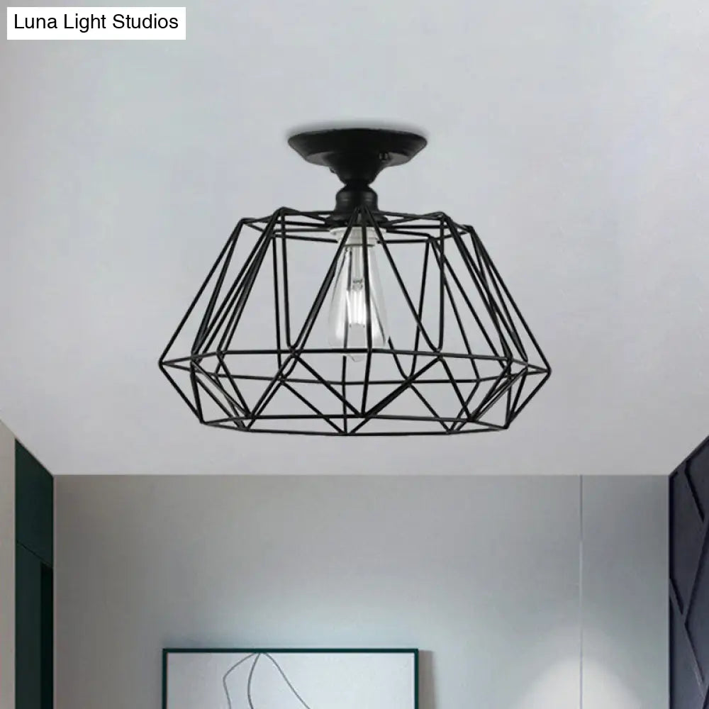 Black Metallic Cage Diamond Ceiling Light Fixture For Corridor - Loft Industrial Style Close To