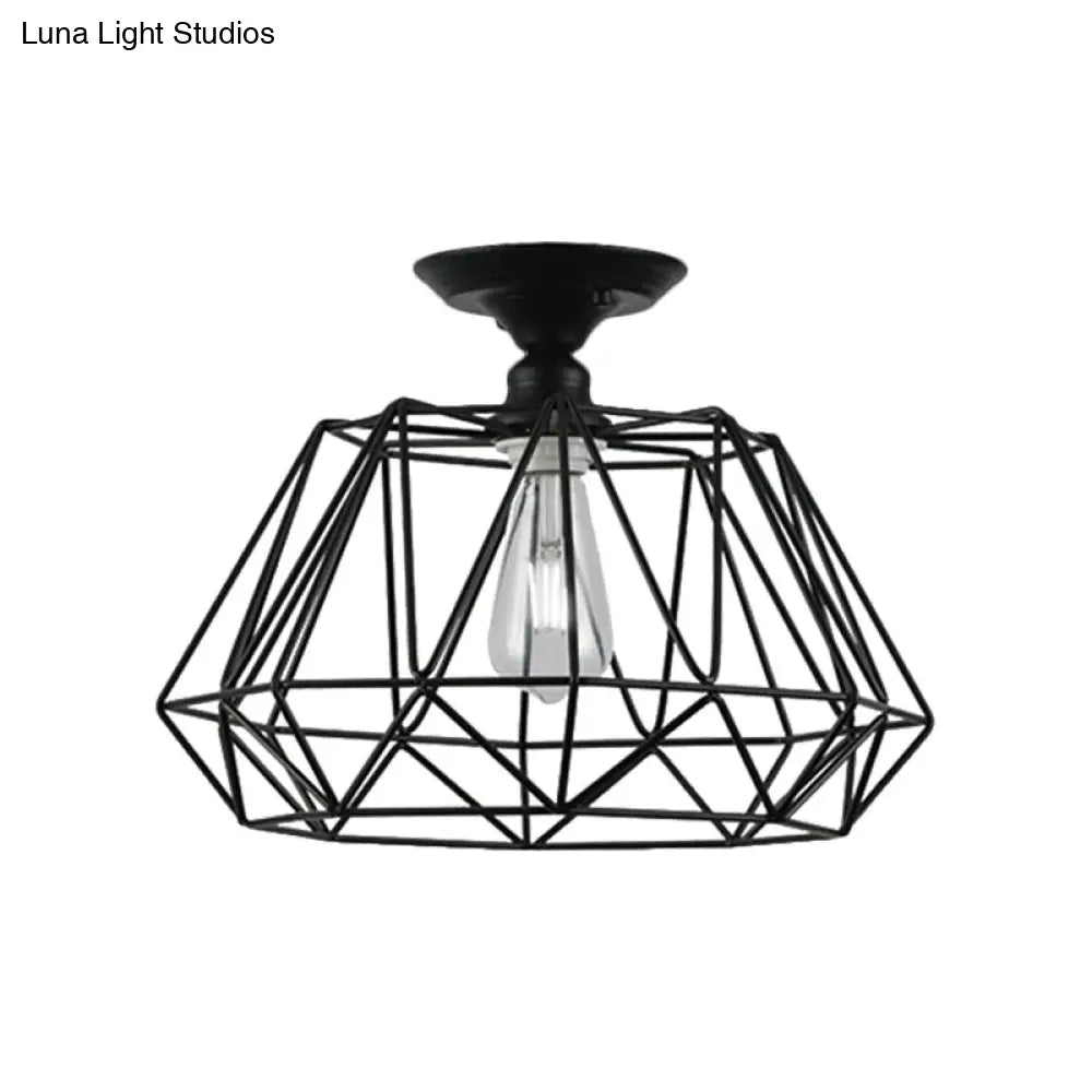 Black Metallic Cage Diamond Ceiling Light Fixture For Corridor - Loft Industrial Style Close To