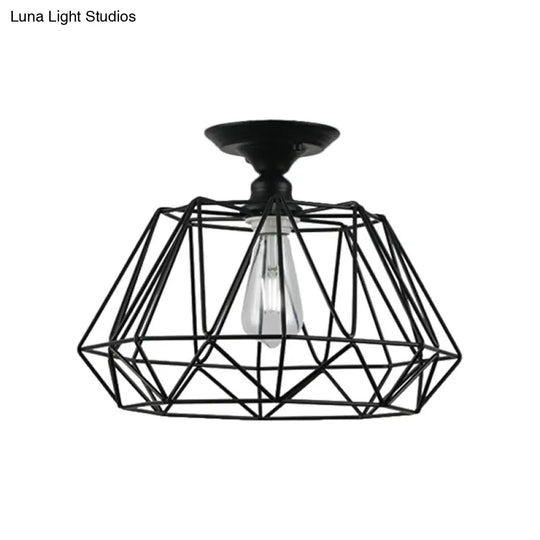 Black Metallic Cage Diamond Ceiling Light Fixture For Corridor - Loft Industrial Style Close To