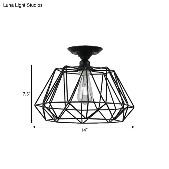Black Metallic Cage Diamond Ceiling Light Fixture For Corridor - Loft Industrial Style Close To