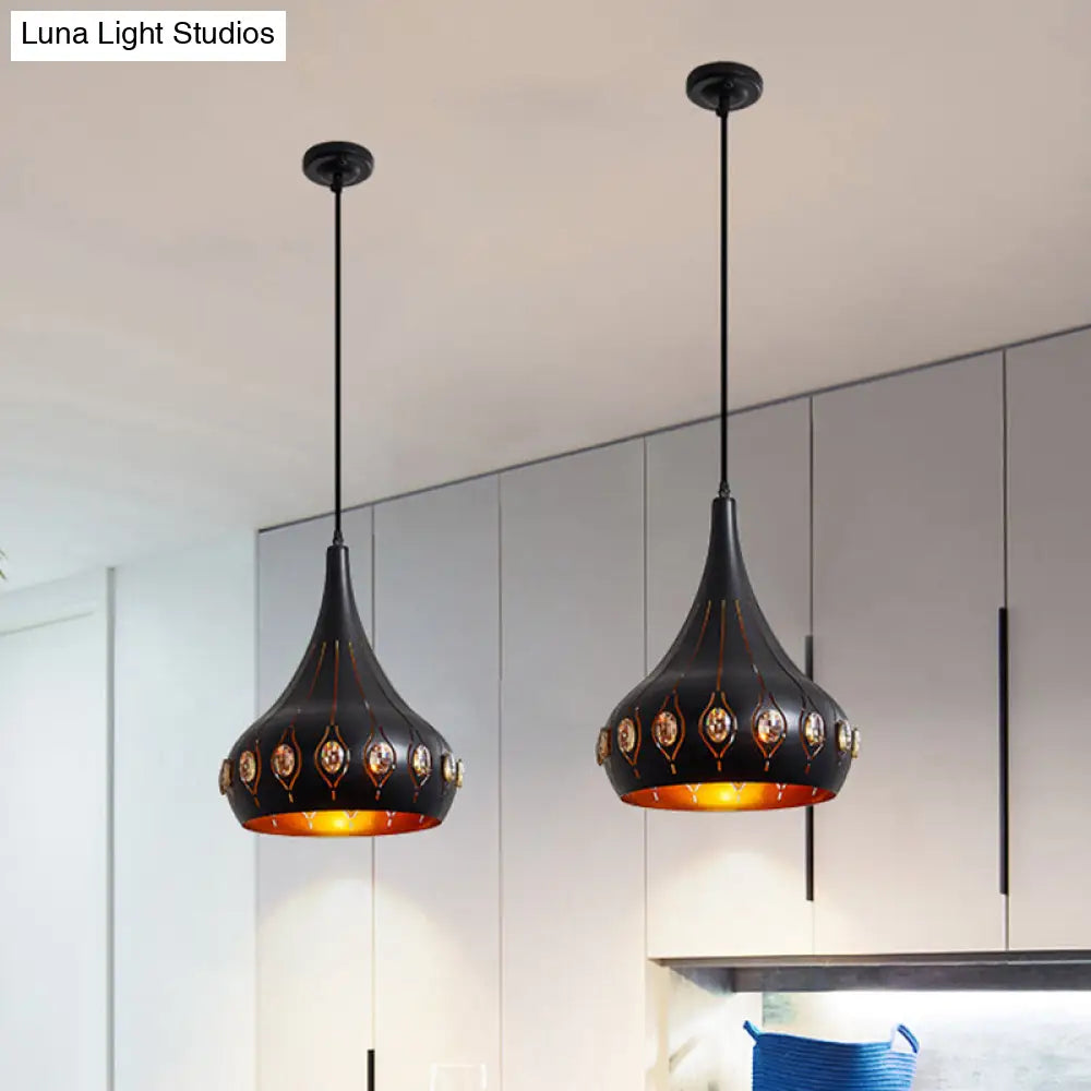 Modern Black Finish Hanging Ceiling Lamp With Onion Metal Shade - 1 Bulb Dining Room Down Lighting /