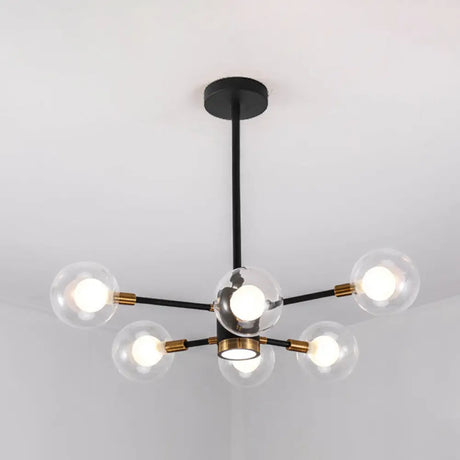 Black Modern Metal Radial Chandelier With Spherical Clear Glass Shade 6 /
