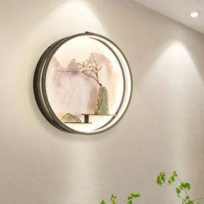 Black Oriental Metal Wall Mounted Led Light With Mountain And Flower Pattern
