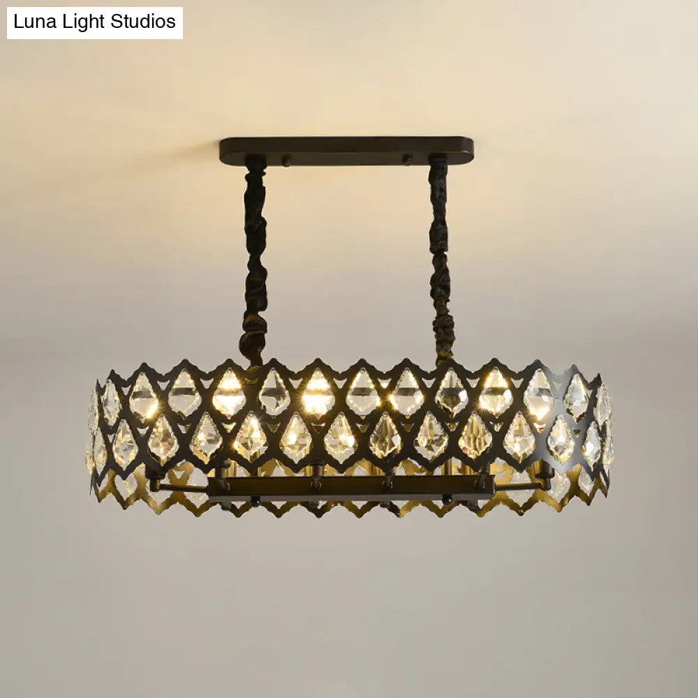 Black Oval Crystal Teardrops Suspension Light - Contemporary Island Pendant With 10/14 Bulbs