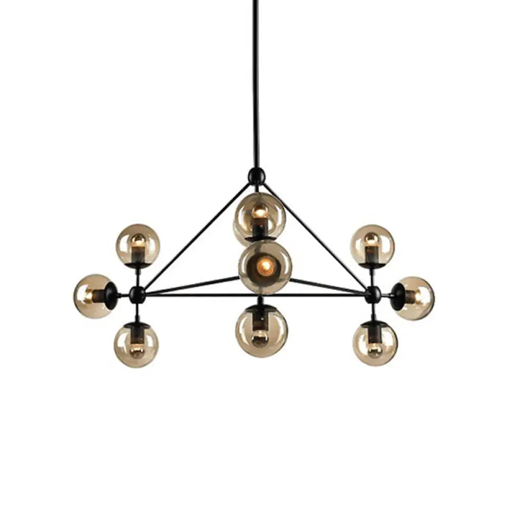 Black Pyramid Frame Chandelier - Loft Style Metal Pendant Light With Tan Glass Shade (10/15-Light)