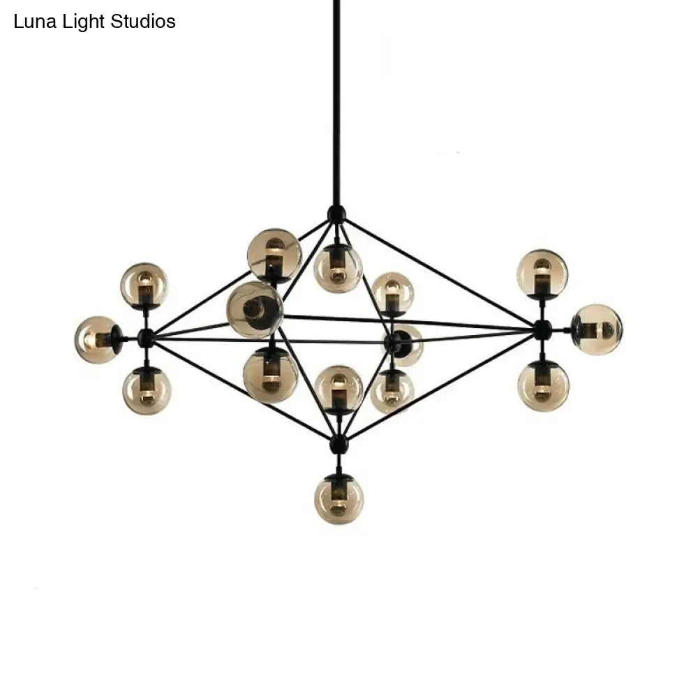 Black Pyramid Frame Chandelier - Loft Style Metal Pendant Light With Tan Glass Shade (10/15-Light)