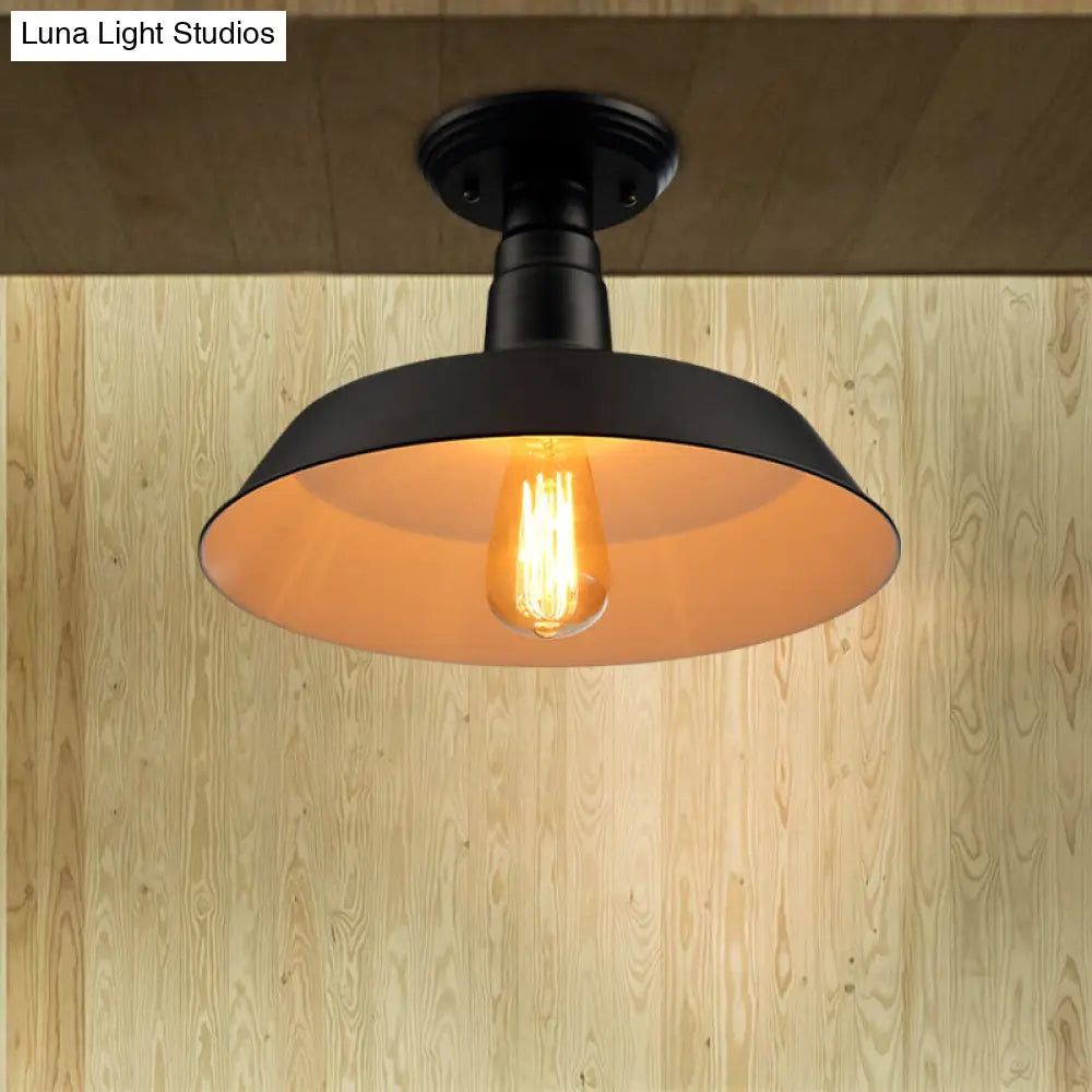 Black/Red Industrial Style Semi Flush Ceiling Light Fixture For Corridor - Metallic Barn Shade 10/14