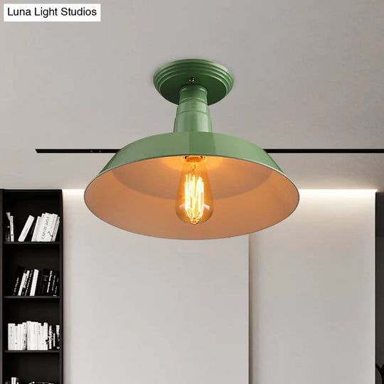 Black/Red Industrial Style Semi Flush Ceiling Light Fixture For Corridor - Metallic Barn Shade 10/14