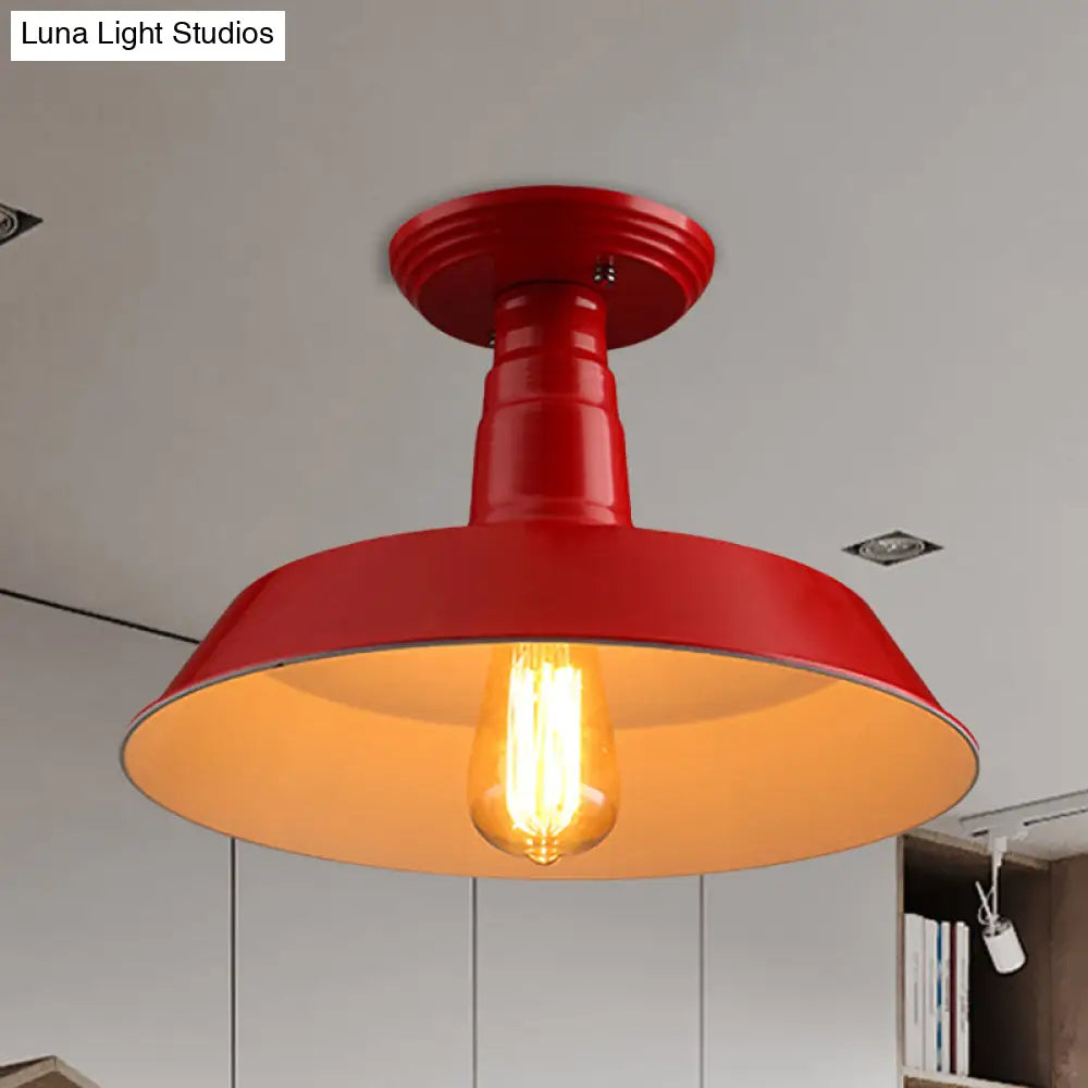 Black/Red Industrial Style Semi Flush Ceiling Light Fixture For Corridor - Metallic Barn Shade 10/14