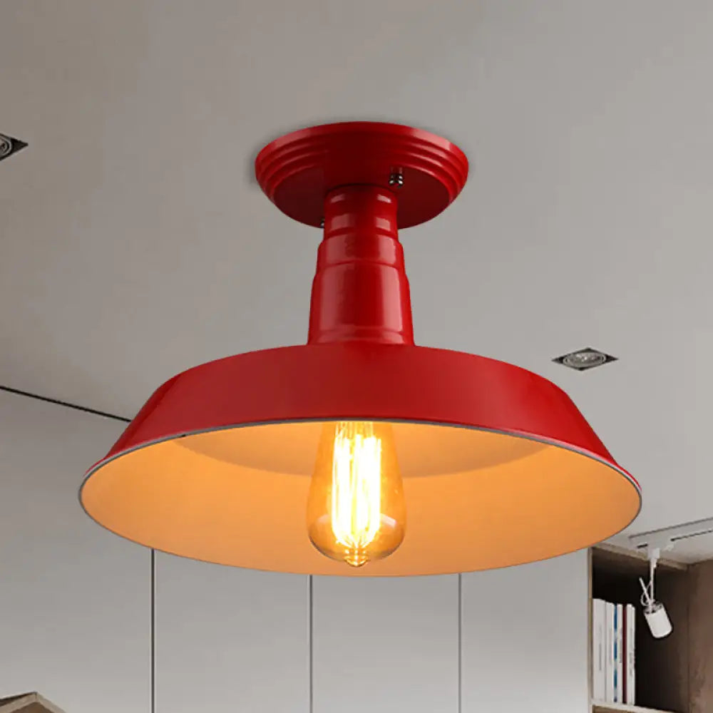 Black/Red Industrial Style Semi Flush Ceiling Light Fixture For Corridor - Metallic Barn Shade