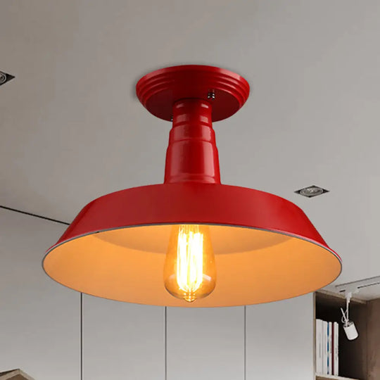 Black/Red Industrial Style Semi Flush Ceiling Light Fixture For Corridor - Metallic Barn Shade