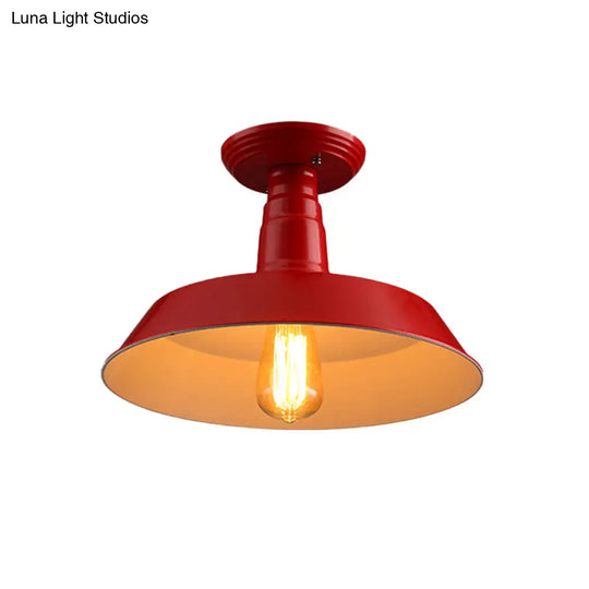 Black/Red Industrial Style Semi Flush Ceiling Light Fixture For Corridor - Metallic Barn Shade 10/14