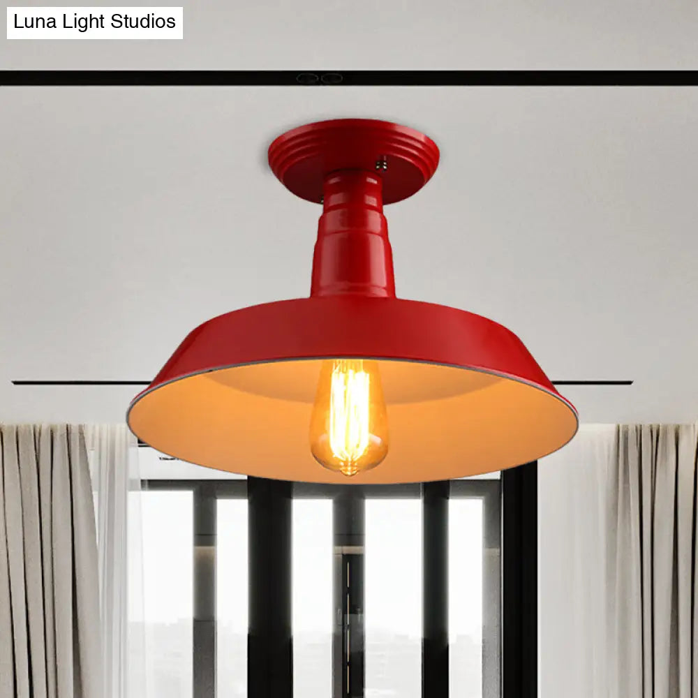 Black/Red Industrial Style Semi Flush Ceiling Light Fixture For Corridor - Metallic Barn Shade