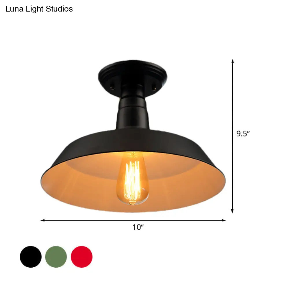 Black/Red Industrial Style Semi Flush Ceiling Light Fixture For Corridor - Metallic Barn Shade 10/14
