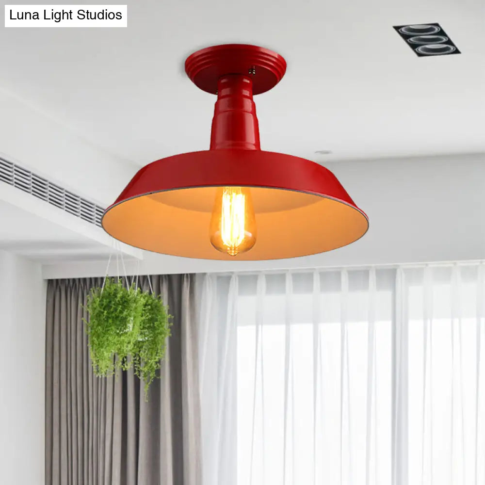 Black/Red Industrial Style Semi Flush Ceiling Light Fixture For Corridor - Metallic Barn Shade