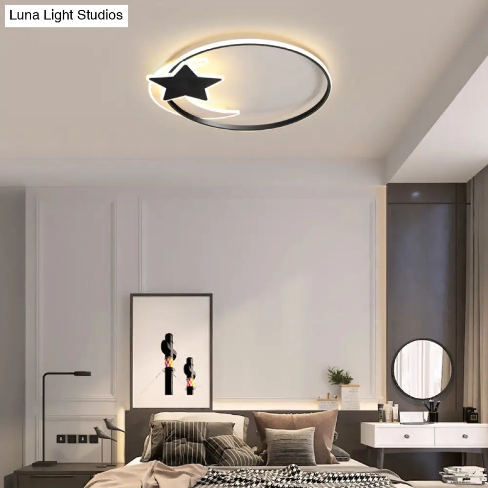 Black Ring Led Ceiling Flush Light With Moon And Star Decor - Simplicity Metal Mount Lamp / 16