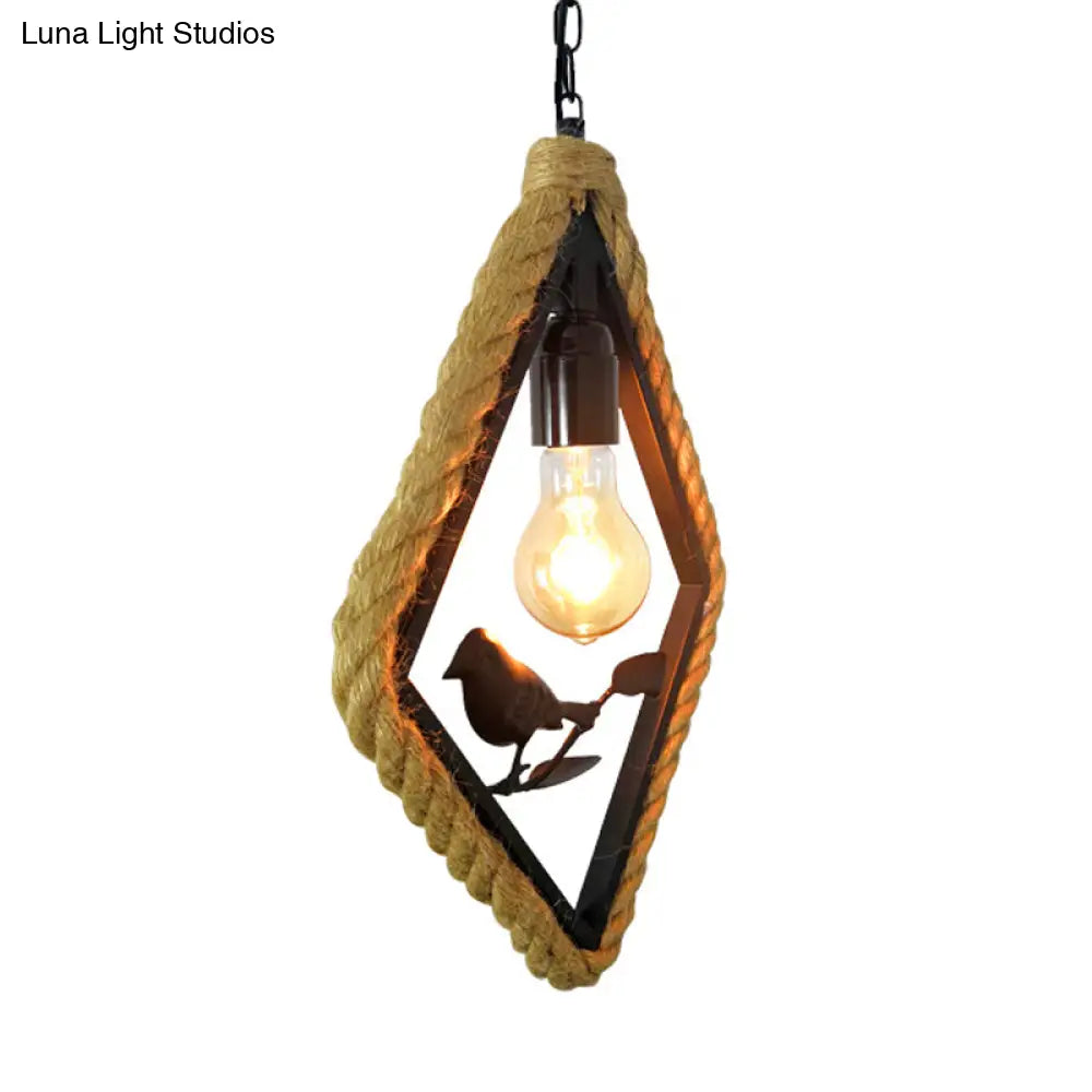 Black Rope Pendant Light Fixture For Living Room With Bird Deco: Round/Rhombus/Square Design