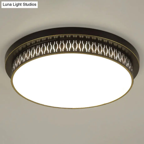 Black Round Led Flush Light - Rustic Acrylic Living Room Ceiling Fixture With Filigree Design / 18 C