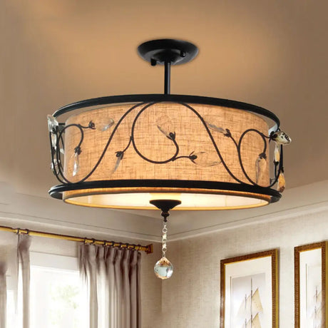 Black Rustic Branch Semi Flush Mount Ceiling Light With Crystal Draping - 4 Lights 14’/21.5’